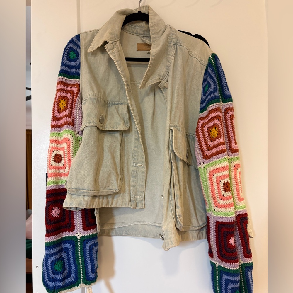 Free People Beige Jacket with Multicolor Crochet Sleeves